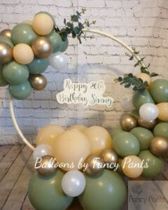 Eucalyptus Table Hoop with balloons and foliage